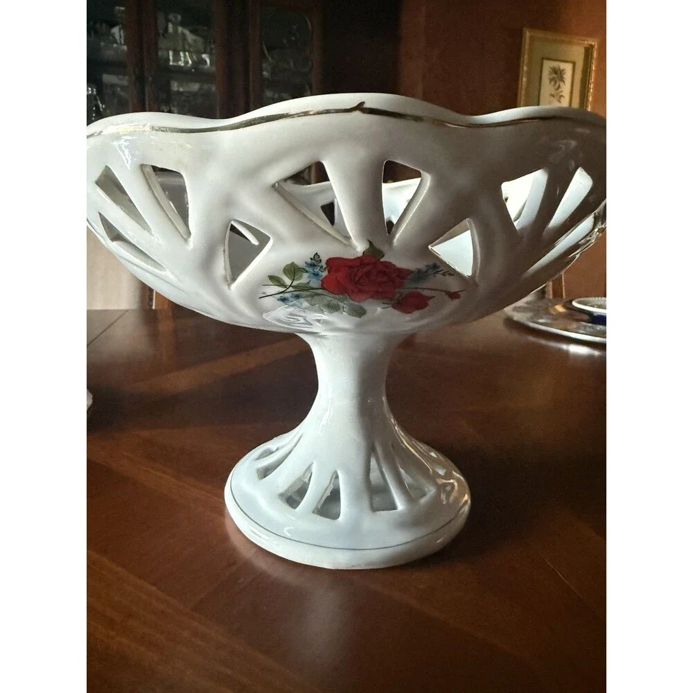 Vintage reticulated compote pedestal dish red roses